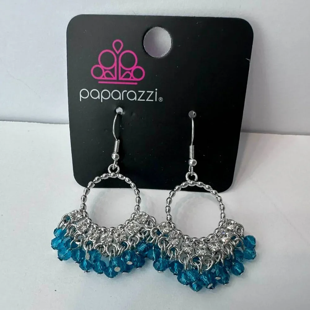 Paparazzi Blue Crystal Hoop Earrings – Silver Chain Fringe Dangle Jewelry‎